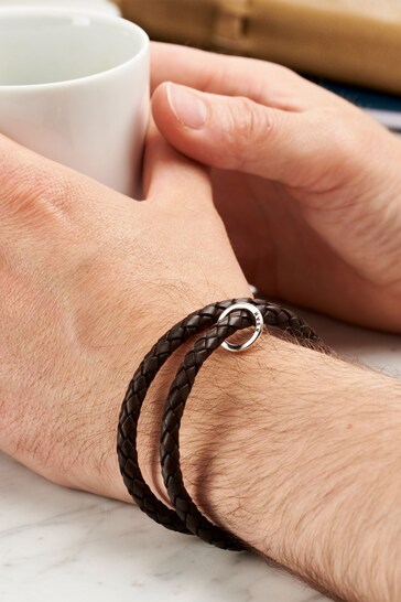 Personalised Men's Silver & Leather Message Bracelet by Posh Totty