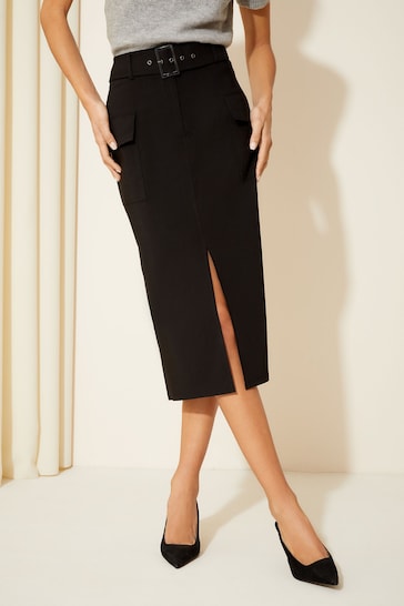 Friends Like These Black Utility Super Stretch Tailored Midi Skirt