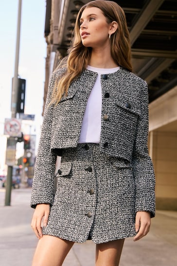Friends Like These Black/White Cropped Boucle Button Through Jacket
