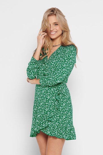 ONLY Green Ditsy Floral Long Sleeve Wrap Mini Dress