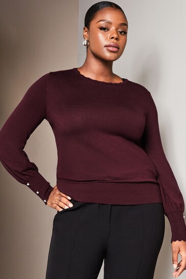 Lipsy Berry Red Curve Scallop Long Sleeve Knitted Jumper