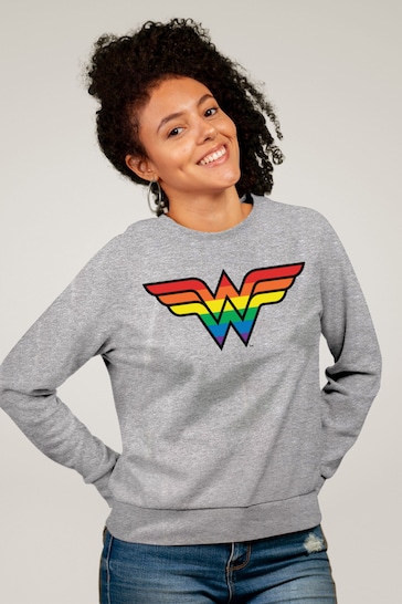 All + Every Heather Grey Wonder Woman Rainbow Logo Women's Sweatshirt