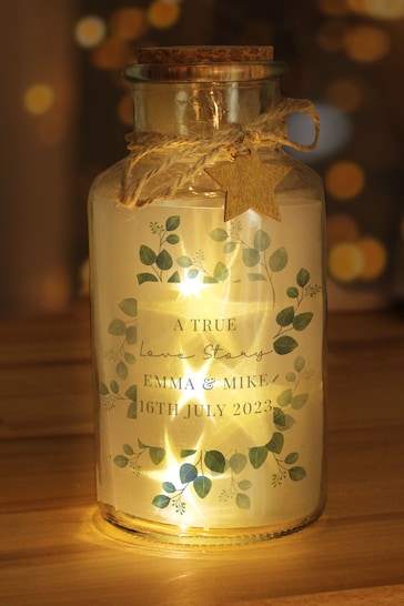 Personalised Eucalyptus Wedding LED Glass Jar by PMC