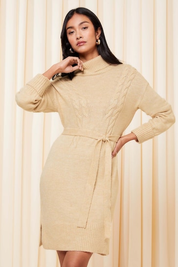 Friends Like These Camel Roll Neck Belted Knitted Jumper Dress