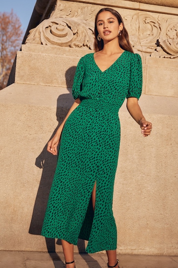 Friends Like These Green Petite Puff Sleeve Ruched Waist V Neck Midi Summer Dress