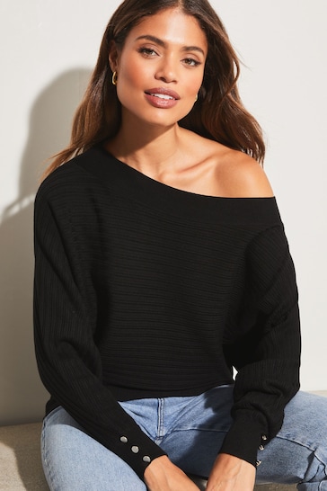 Lipsy Black Petite Ribbed Off The Shoulder Knitted Jumper