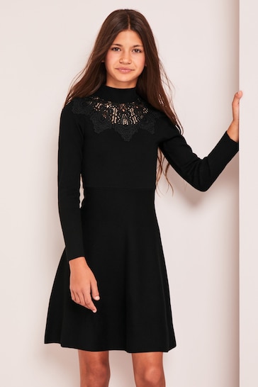 Lipsy Black Lace Yoke Long Sleeve Knitted Dress