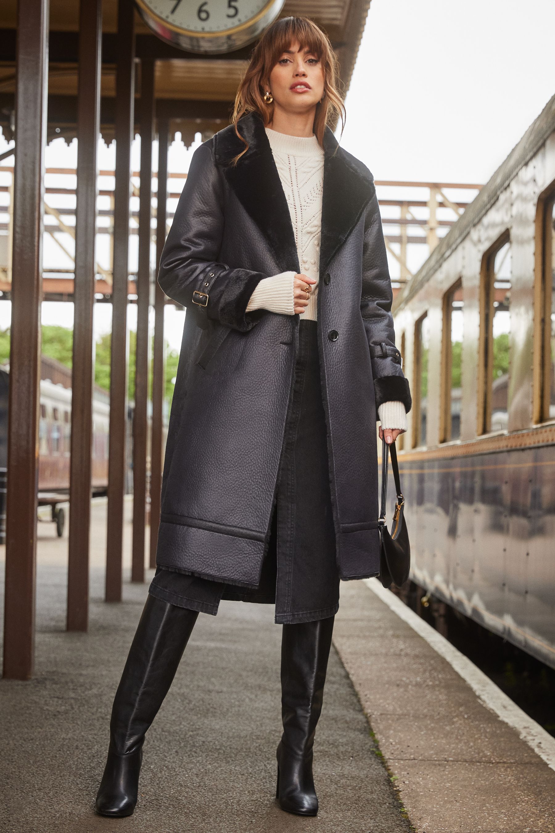 Love Roses Black Bonded Faux Fur Double Breasted Shearling Long Line Coat
