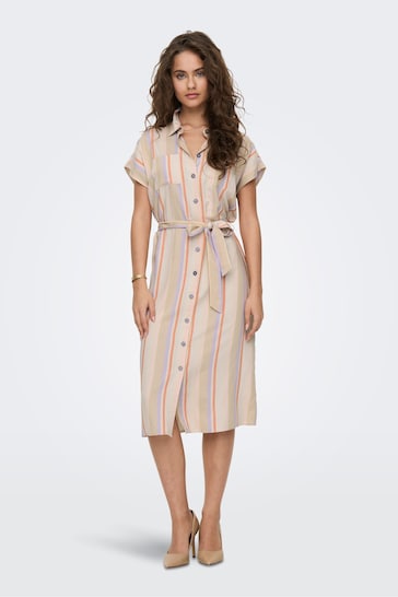 ONLY Cream Stripe Shirt Dress Contains Linen