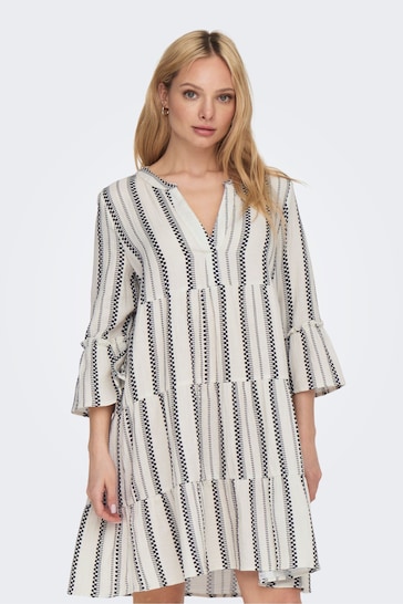 ONLY White Stripe Print Tiered Smock Dress