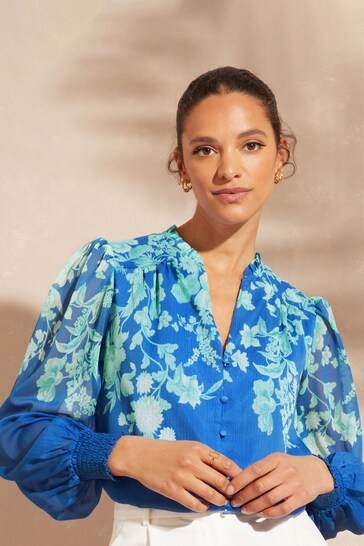 V&A | Duvet Covers & Sets Blue and Green Floral Printed Sheer Puff Sleeve V Neck Long Sleeve Button Up Blouse