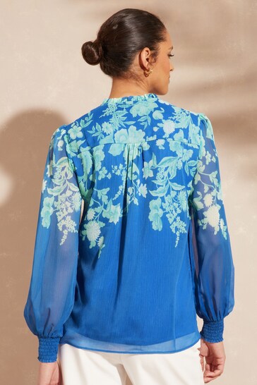 V&A | Duvet Covers & Sets Blue and Green Floral Printed Sheer Puff Sleeve V Neck Long Sleeve Button Up Blouse