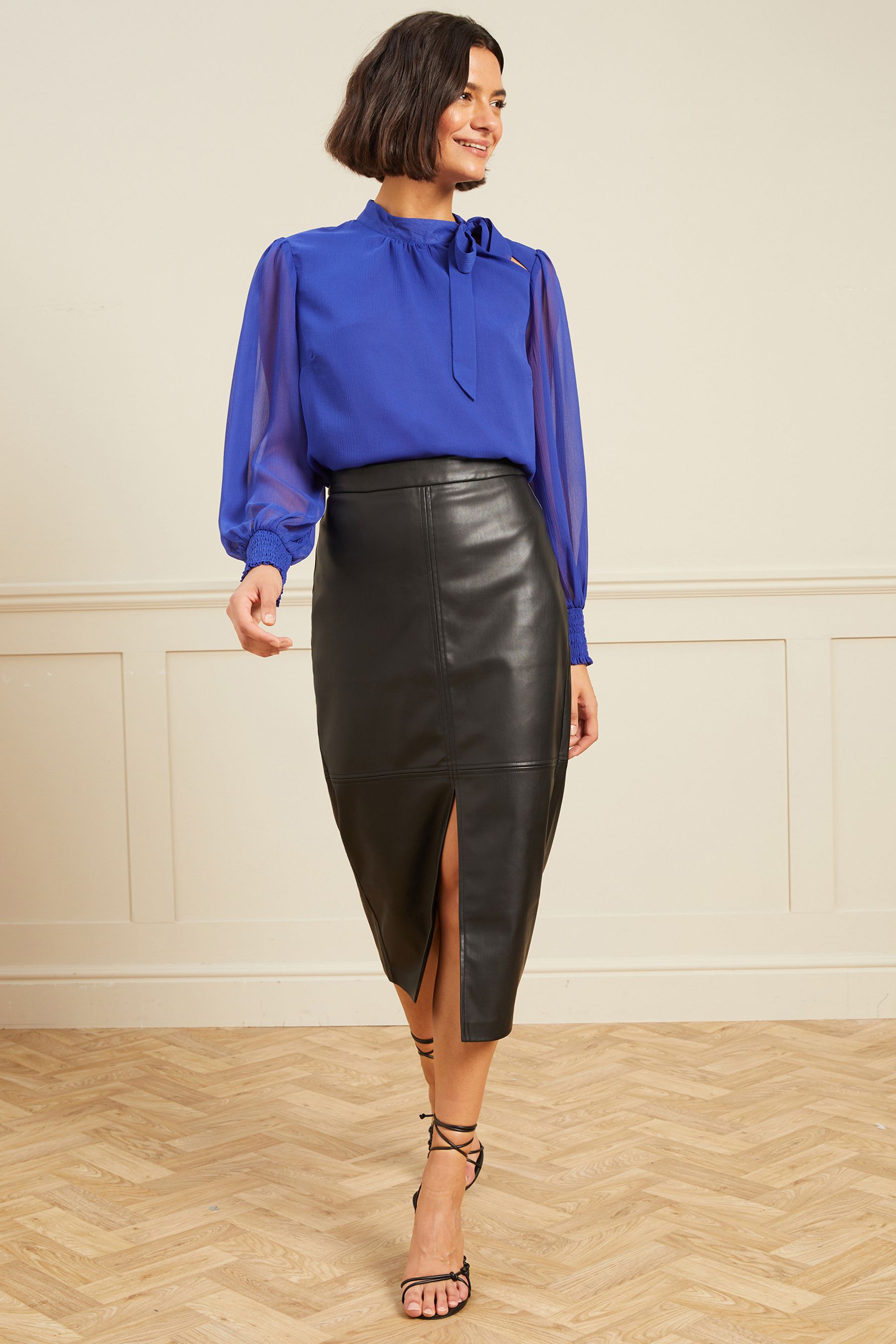 Love Roses Black Faux Leather Split Front Midi Skirt
