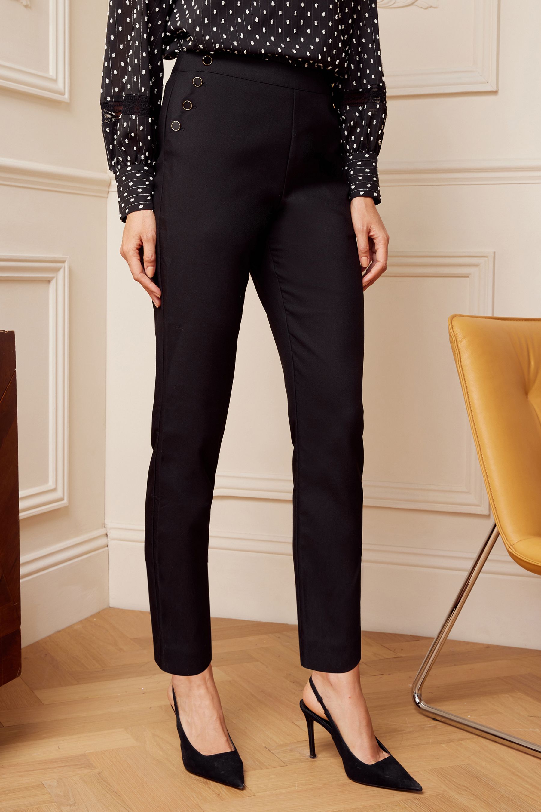 Buy Love Roses Black Scalloped Slim Leg Tailored Trousers from