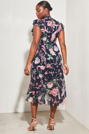 Lipsy Navy Printed Curve Printed Keyhole Ruffle Fit and Flare Midi Dress