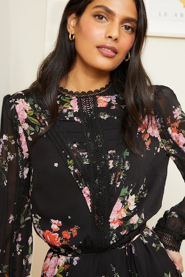 Love & Roses Black Floral Printed Pintuck Lace Detail Belted Mini Dress