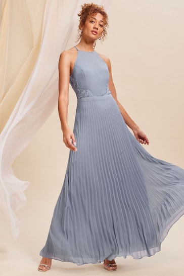 Love & Roses Blue Pleated Lace Insert Bridesmaid Maxi Dress