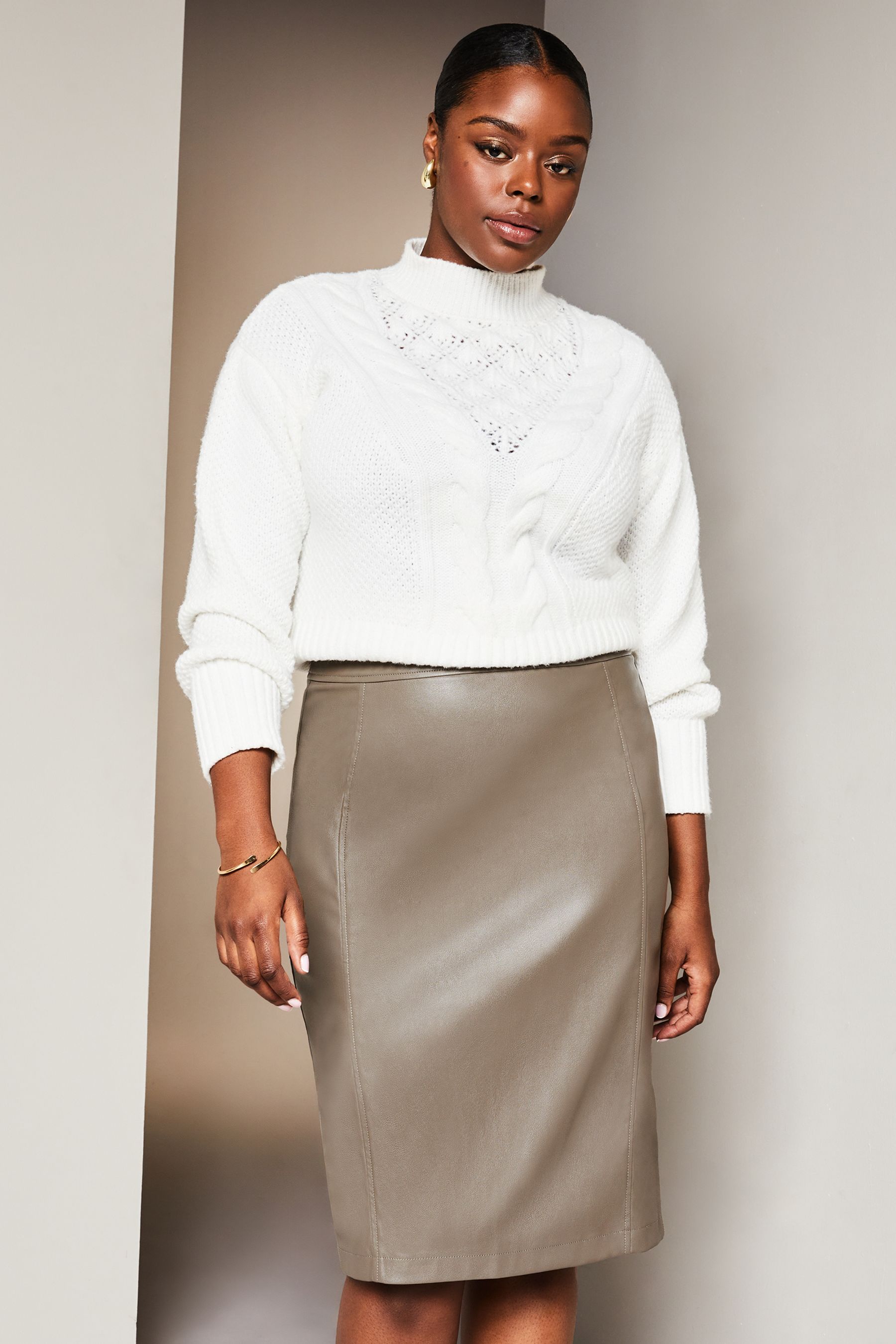Khaki leather on sale pencil skirt