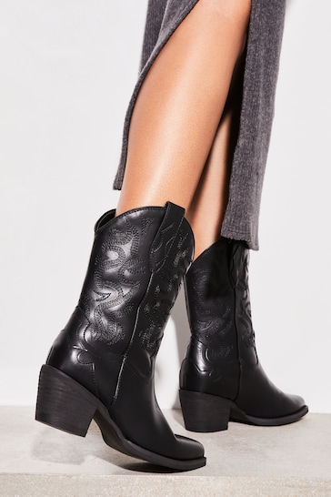 Lipsy Black Pull On Calf Pointed Western Heel Boot