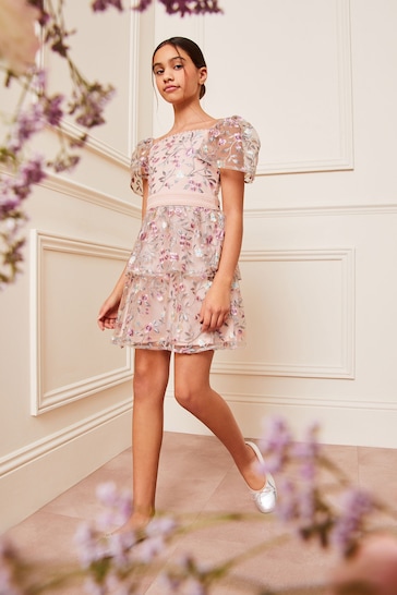 Lipsy Pink Embroidered Square Neck Occasion Dress (3-16yrs)
