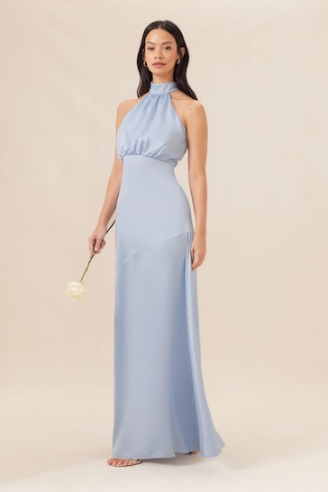 Lipsy Blue Halter Neck Empire Bridesmaid Satin Maxi Dress