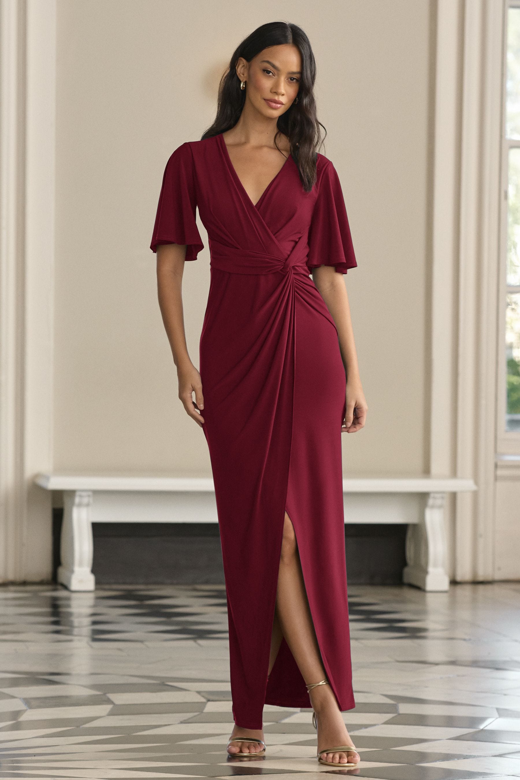 Red short cheap sleeve maxi dress