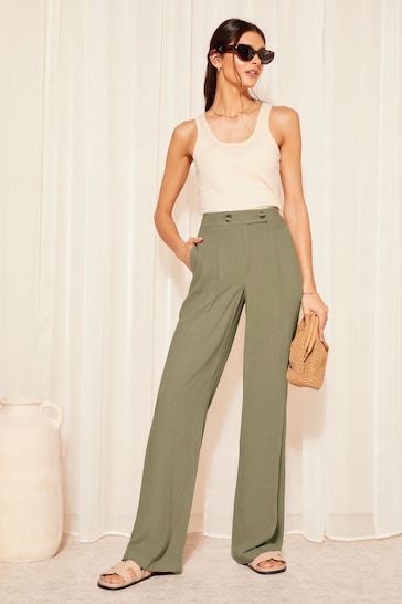 Friends Like These Khaki Green Wide Leg Trousers with Linen