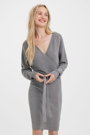 VERO MODA Grey V-Neck Wrap Belted Knitted Dress