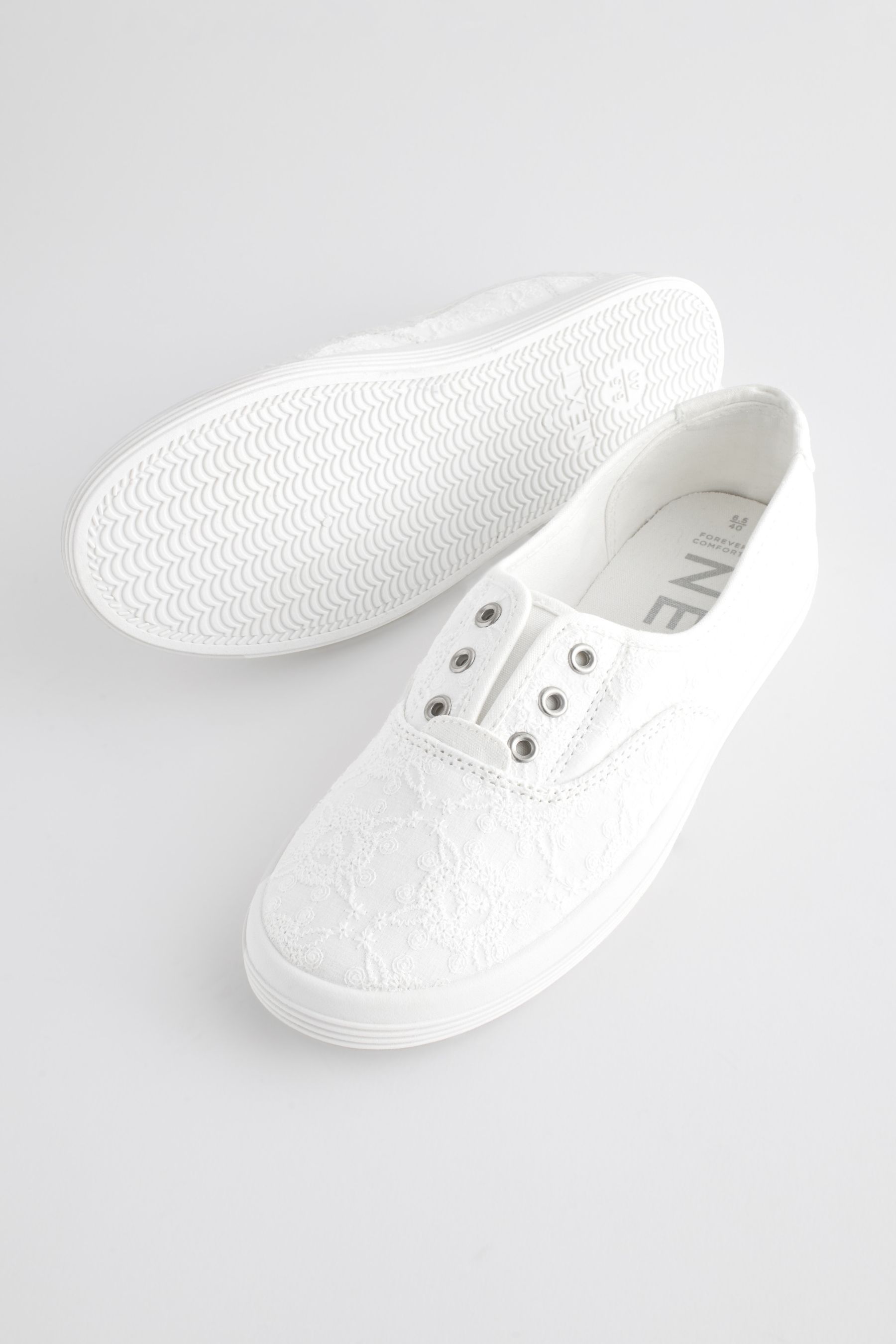 White Embroidered Forever Comfort Laceless Canvas Slip On Trainers