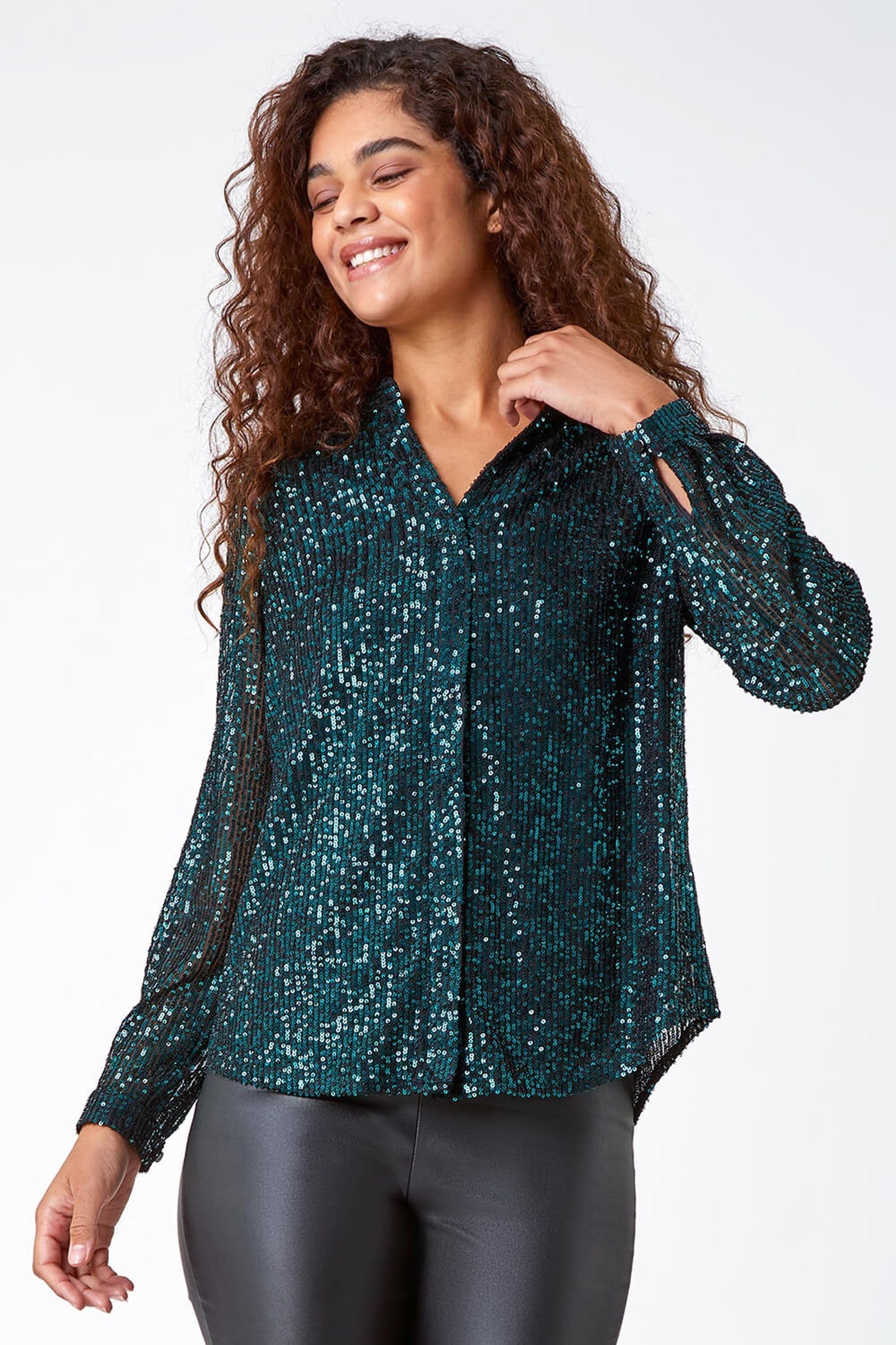 Roman Green Sequin Sparkle Stretch Jersey Blouse