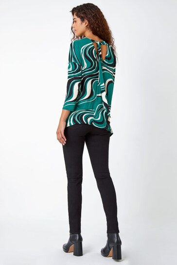 Roman Green Swirl Print Tie Back Stretch Top