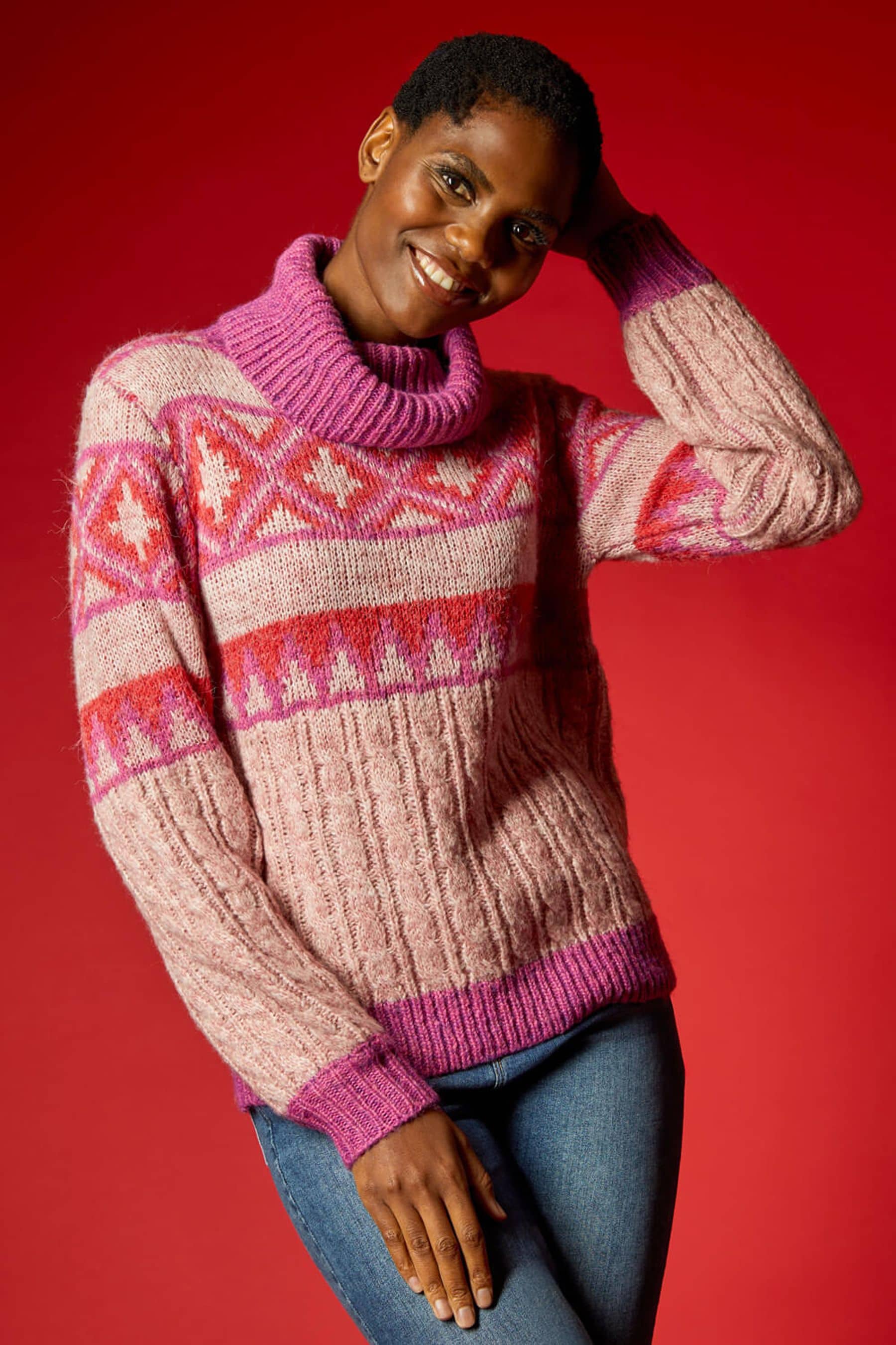 Buy Roman Pink Roll Neck Fairisle Knit Jumper from the Next UK