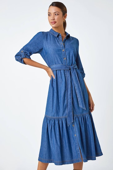 Roman Blue Cotton Blend Denim Tiered Midi Dress