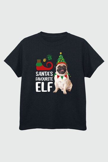 Brands In Navy Pug Santa's Favourite Elf Boys Navy T-Shirt