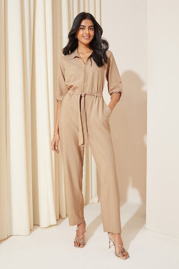 Friends Like These Camel Woven Fabric Belted Waist Jumpsuit