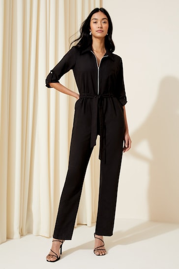 Friends Like These Black Woven Fabric Belted Waist Jumpsuit