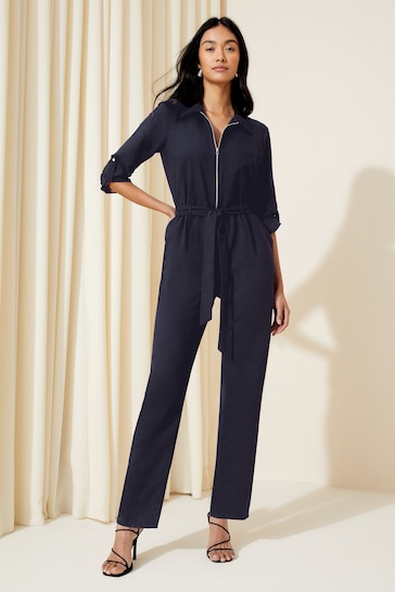 Friends Like These Navy Blue Woven Fabric Belted Waist Jumpsuit