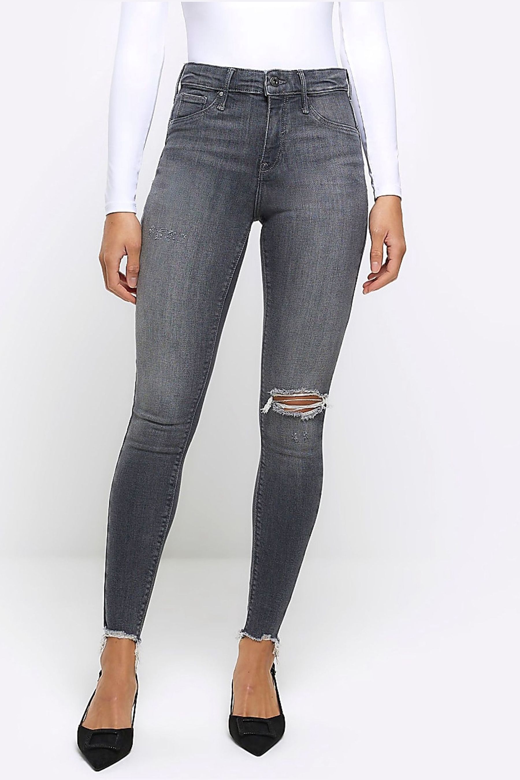 Buy River Island Grey High Rise Bum Sculpt Ripped Skinny Jeans