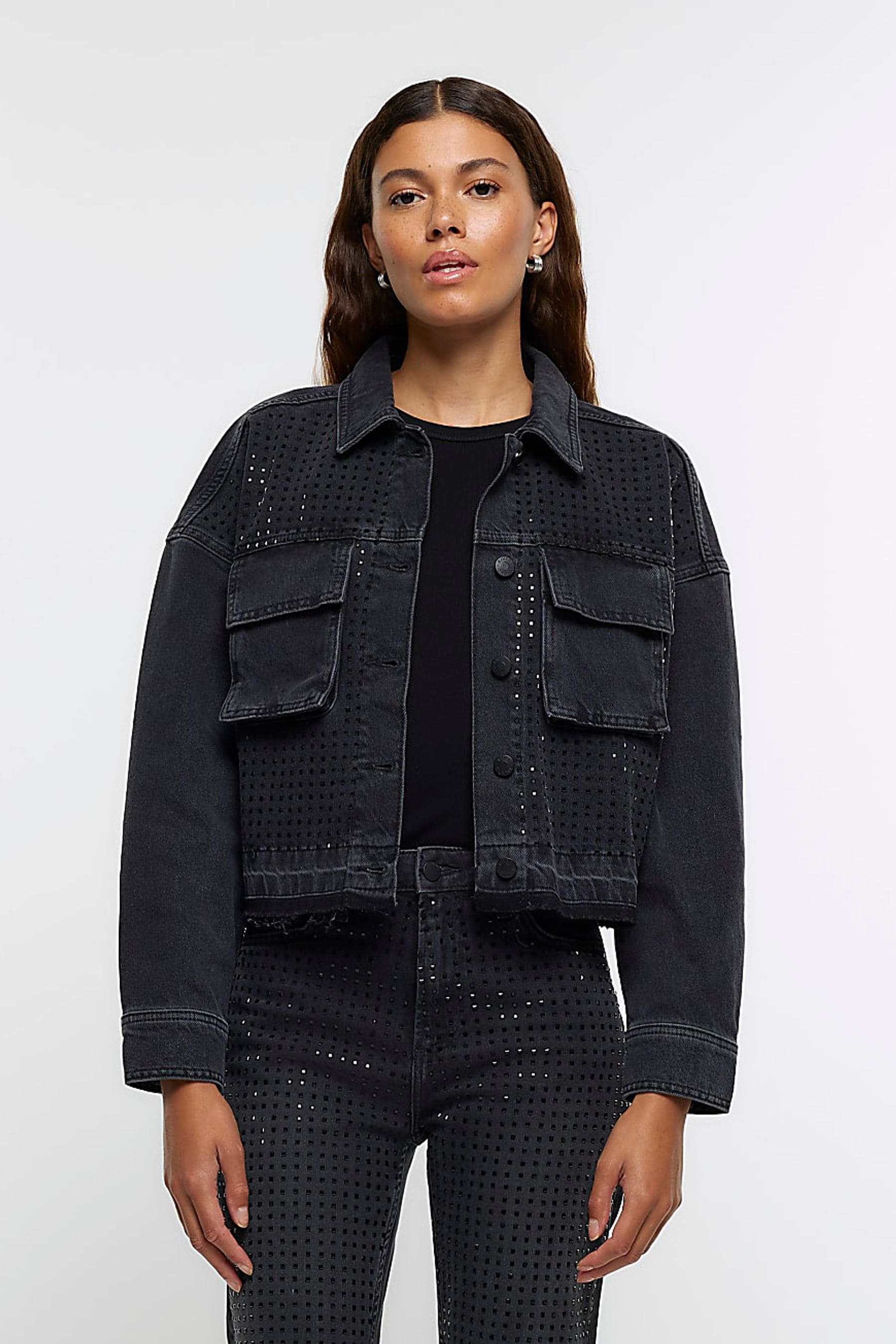 Black embellished online denim jacket