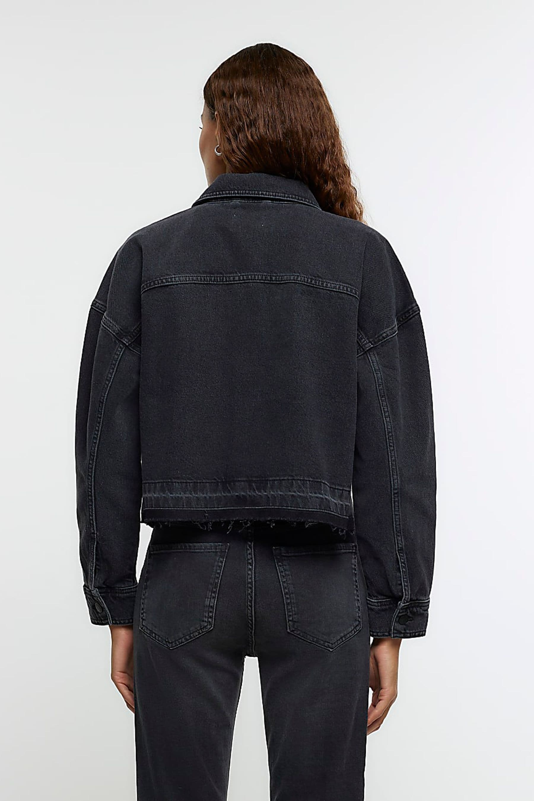 Buy River Island Black Embellished Cropped Denim Jacket from the