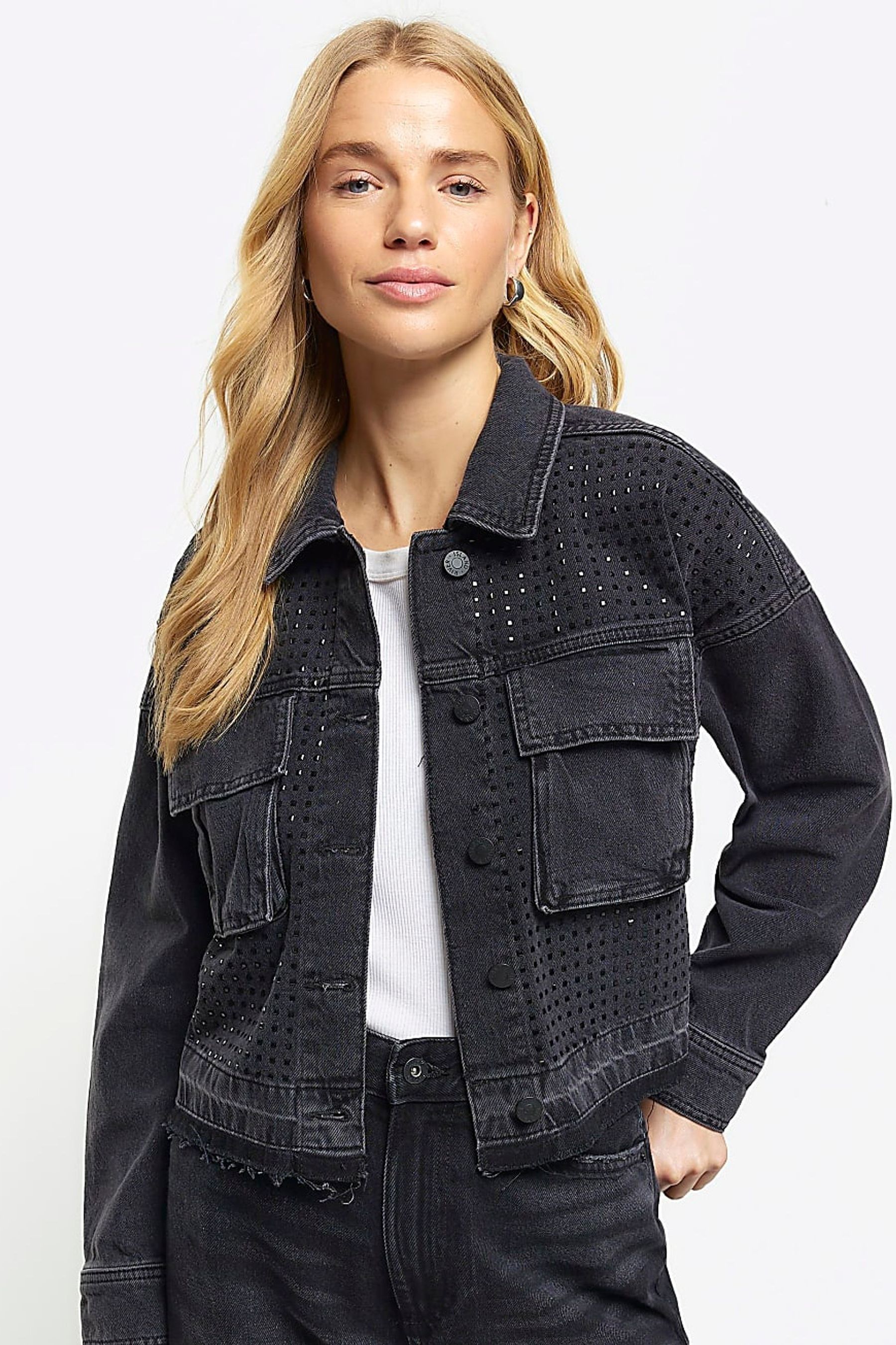 Cheap black cropped denim jacket online