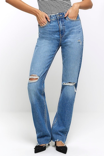 River Island Blue High Rise Straight Ripped Non - Stretch Jeans