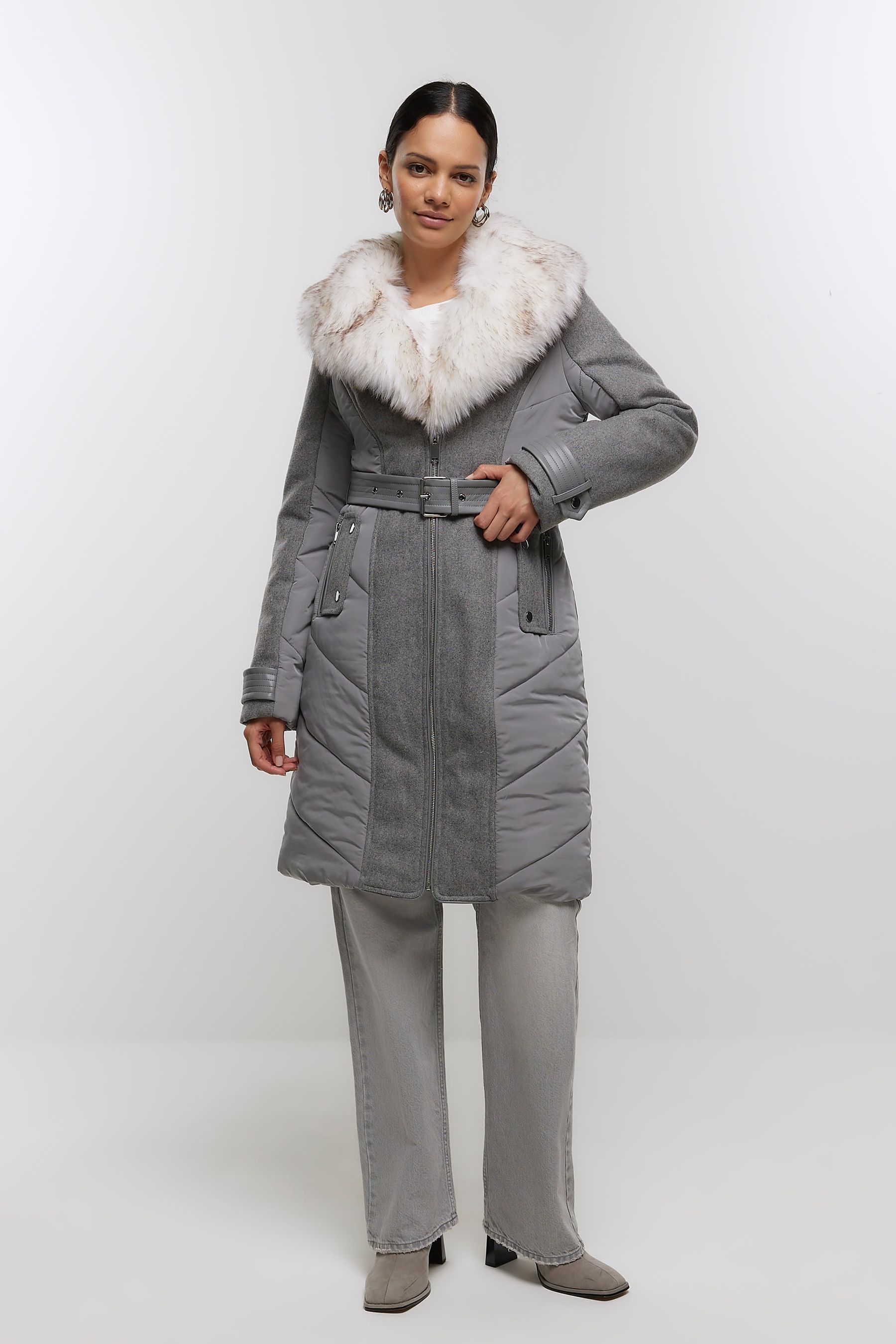 River island grey faux fur coat shop