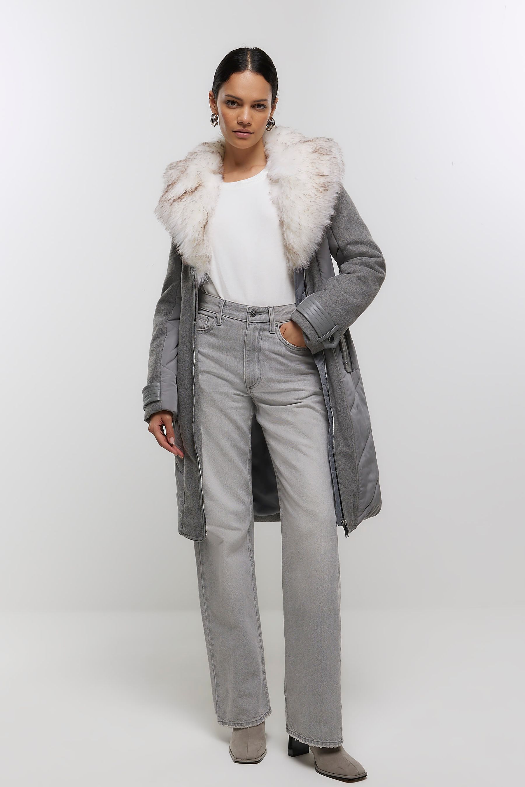 Grey faux fur coat river island on sale