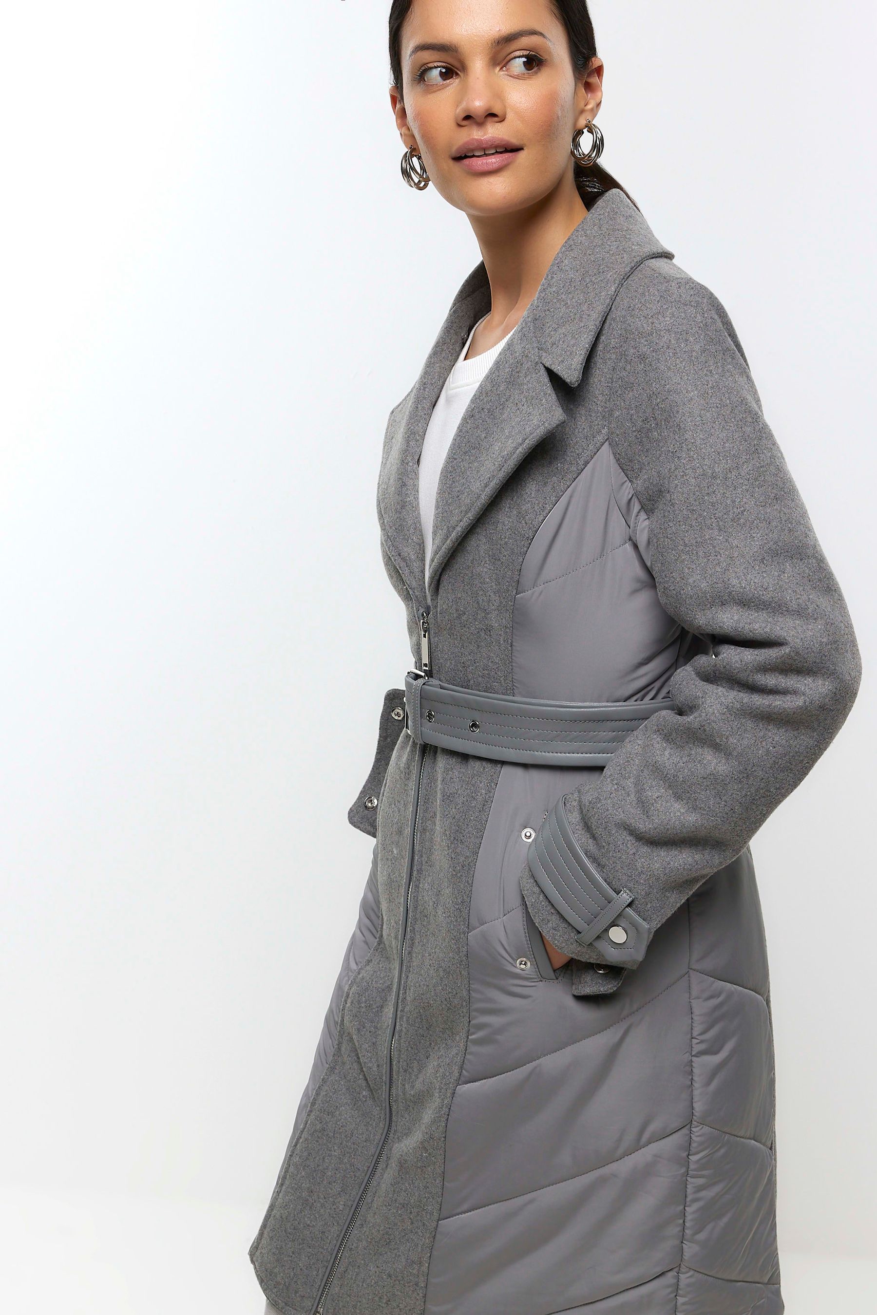 Buy River Island Grey Faux Fur Collar Belted Jacket Jacket from
