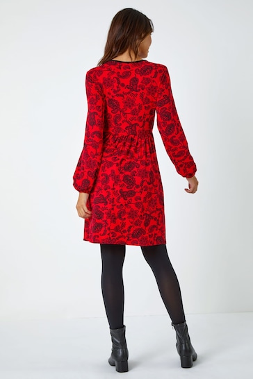 Roman Red Floral Print Stretch Dress