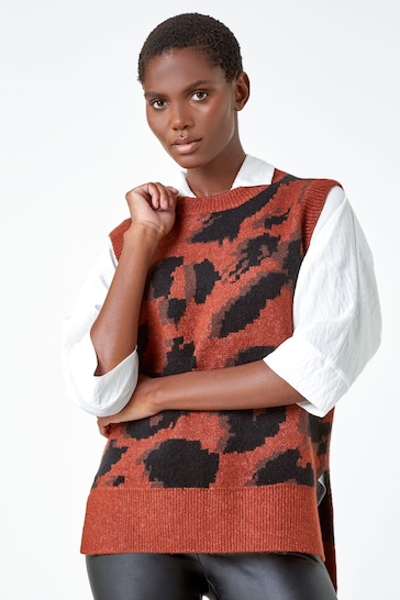 Roman Brown Animal Print Knitted Jumper Vest