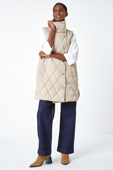 Roman Natural Quilted High Neck Longline Gilet