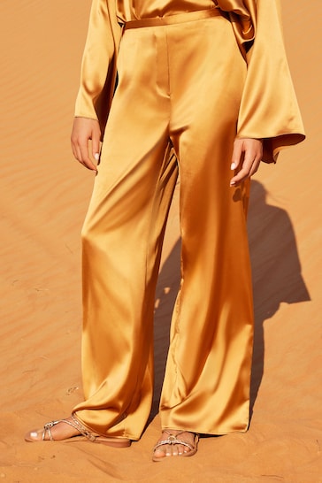 Gold Satin Elasticated Wide Leg Trousers