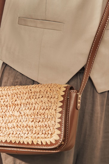 Tan Brown Leather Raffia Cross-Body Bag